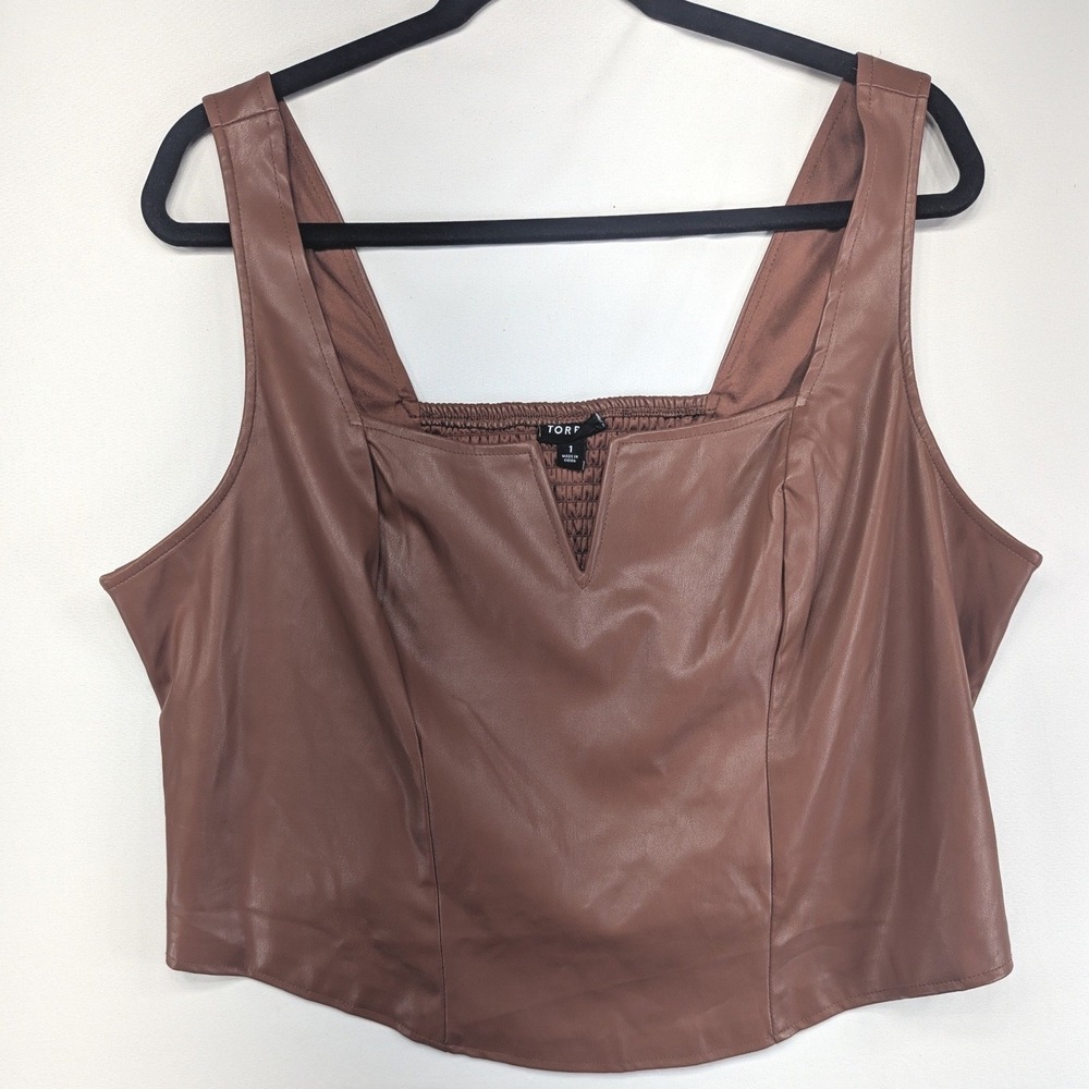 Torrid Brown Faux Leather Notched Square Neck Smocked Back Crop Top Size 1